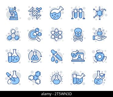 Symbole der chemischen Laborlinie. Chemische Formel, Mikroskop und medizinische Analyse. Vektor Stock Vektor