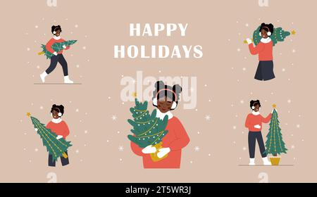 Frau, die einen Weihnachtsbaum hält. Set mit frohen Weihnachtsillustrationen. Afrikanische lächelnde Mädchen bereiten sich auf die Winterferien vor. Neujahrs-Postkarten. Vektor in Stock Vektor