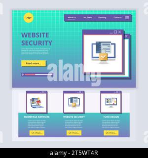 Website-Sicherheitsvorlage für flache Landing-Page. Homepage-Grafiken, Website-Sicherheit, Tune-Design. Webbanner mit Kopf-, Inhalt- und Fußzeile Stock Vektor