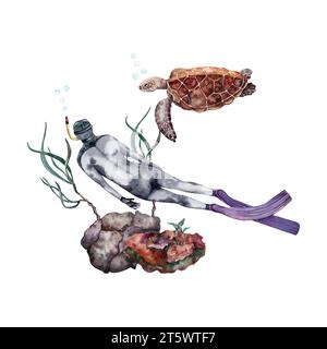 Meereslebewesen mit Taucher, Korallenriff, Algen und Meeresschildkröte. Aquarellabbildung isoliert auf weißem Hintergrund. Stockfoto