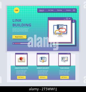 Link-Erstellung einer flachen Landing-Page-Website-Vorlage. Erstellen Sie Prototypen, Website-Sicherheit, optimieren Sie das Design. Webbanner mit Kopf-, Inhalt- und Fußzeile. Vektor Stock Vektor