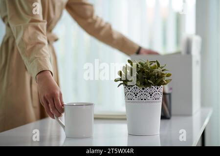Neuer Mitarbeiter, der Kaffeetasse und Blumentopf auf dem Schreibtisch in einem neuen Büro herausnimmt Stockfoto