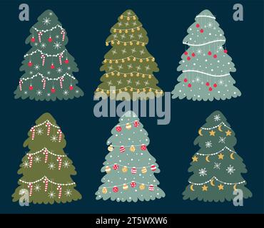 Handgezeichnete Weihnachtsbäume mit Weihnachtsspielzeug, Lichtern, Zuckerstangen und Schneeflocken. Stock Vektor