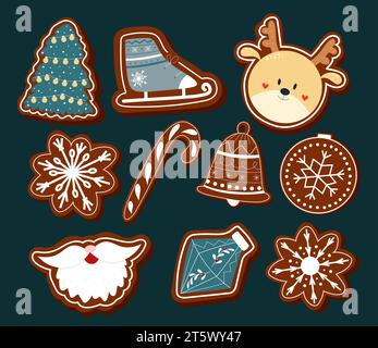 Set handgezeichneter Lebkuchenkekse. Schneeflocken, süßes Hirsch, Weihnachtsbart, Schlittschuh, Zuckerrohr Vektor-Design. Stock Vektor