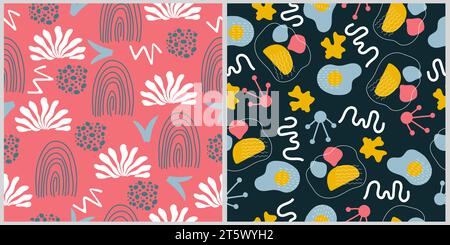 Set aus zwei nahtlosen Mustern mit handgezeichneten abstrakten trendigen Elementen. Stock Vektor