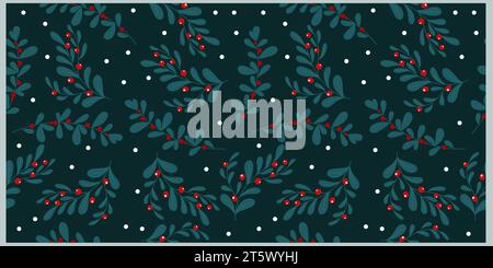 Elegantes nahtloses Muster mit dunkelgrünen Blättern und roten Beeren der Winterpflanze. Stock Vektor