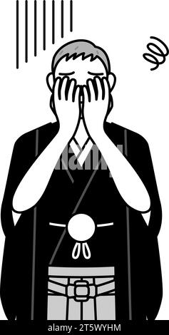 Neujahrstag und Hochzeiten, Senior Mann trägt Hakama mit Wappen, das sein Gesicht in Depressionen bedeckt, Vektor-Illustration Stock Vektor