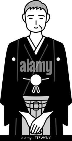 Neujahrstag und Hochzeiten, älterer Mann, der Hakama mit Wappenbeugung mit gefalteten Händen trägt, Vektor-Illustration Stock Vektor