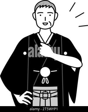 Neujahrstag und Hochzeiten, Senior Mann trägt Hakama mit Wappen, die seine Brust klopfen, Vektor-Illustration Stock Vektor