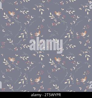 Robin Vogel Aquarell Muster, Graue Hintergrundfarbe, Wildes Blumenmuster Nahtloses Muster, Weihnachtsvogel Muster Wallpaper Stockfoto