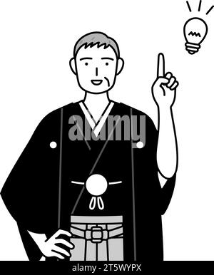 Neujahrstag und Hochzeiten, Senior Mann trägt Hakama mit Wappen, der eine Idee einfällt, Vektor-Illustration Stock Vektor