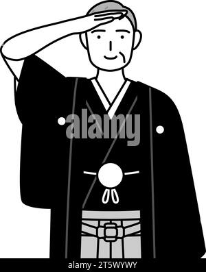 Neujahrstag und Hochzeiten, Senior Mann trägt Hakama mit Wappen, die einen Gruß machen, Vektor-Illustration Stock Vektor