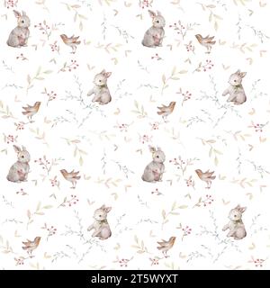 Kaninchen Nahtlose Muster, Robin Vogel Aquarell Muster, Weihnachten Vogel Muster Wallpaper, Waldtiere Wallpaper, Weißer Hintergrund Stockfoto