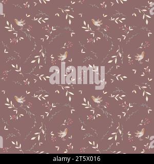 Robin Vogel Aquarellmuster, Rosa Braun Hintergrundfarbe, Weihnachtsvogel Muster Wallpaper, Wild Floral Nahtlose Muster Stockfoto
