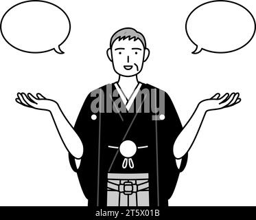 Neujahrstag und Hochzeiten, älterer Mann trägt Hakama mit Wappen und Vergleich, Vektor-Illustration Stock Vektor