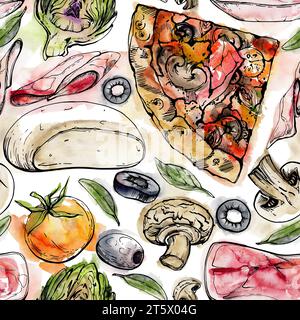 Handgezeichnete Aquarelltinte Illustration. Capricciosa-Pizzascheibe mit Belägen, italienische Küche. Nahtloses Muster isoliert auf weiß. Design Stockfoto