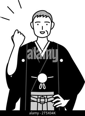 Neujahrstag und Hochzeiten, Senior Mann trägt Hakama mit Wappen posiert mit Eingeweiden, Vektor-Illustration Stock Vektor