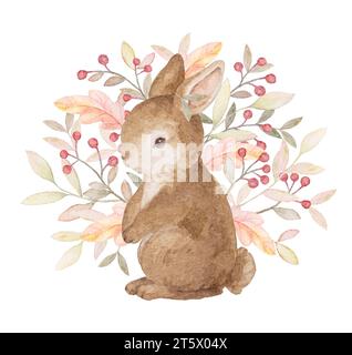 Kaninchen-Clipart. Waldtier mit floralem Hintergrund. Herbstbabys Illustration. Fall Woodland Animals Clipart Stockfoto