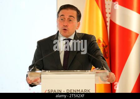 Kopenhagen, Dänemark. November 2023. José Manuel Albares, spanischer Außenminister, spricht auf dem Dänisch-spanischen Wirtschaftsgipfel am Dienstag, den 7. November 2023 in Kopenhagen. Der Schwerpunkt des Gipfels liegt auf dem grünen Übergang, der Power-to-x-Technologie und der Energieinfrastruktur. Quelle: Ritzau/Alamy Live News Stockfoto