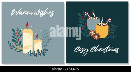 Zwei Weihnachtskarten mit gemütlichen Kerzen, heißen Kakaobechern und Lebkuchenschneeflocken. Stock Vektor
