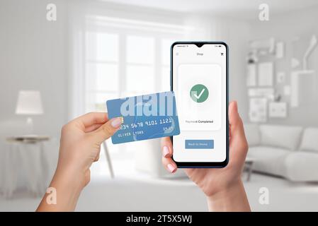 Online-Kartenzahlung per Smartphone. Sichere digitale Transaktionen. Schnelle und bequeme Bezahlung per Mobiltelefon. Moderne Technologie für Finanztransaktionen Stockfoto