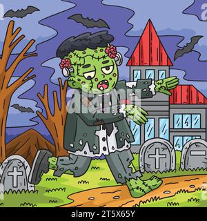 Zombie Frankenstein Farbige Cartoon Illustration Stock Vektor