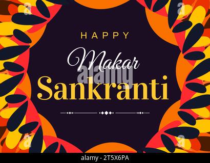 Happy Makar Sankranti farbenfrohes traditionelles Hintergrunddesign mit Textgrüßen und Formen Stockfoto