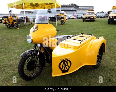 Eine gelbe, 1960, BSA-Kombination M21 AA, Motorrad und Sidecar, Teil der AA Heritage Fleet, auf der British Motor Show 2023 ausgestellt Stockfoto