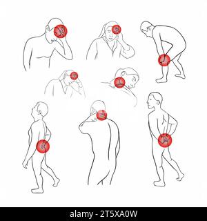 Vektorisolierte Darstellung von Rücken- und Gelenkschmerzen. Kopf- und Nackenschmerzen. Konturzeichnung von Menschen mit Schmerzlokalisation. Stock Vektor