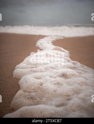 Ein Streifen Meeresschaum am ruhigen Ufer mit verschwommenem Hintergrund, der ein Gefühl von natürlicher Schönheit und ruhiger Entspannung weckt Stockfoto