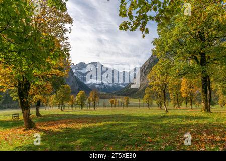 Ein touristisches Highlight, farbenfrohe Herbstsaison im Engtal oder Engtal, Naturpark Karwendel, Tirol, Österreich, Europa Stockfoto