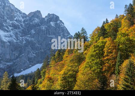 Ein touristisches Highlight, farbenfrohe Herbstsaison im Engtal oder Engtal, Naturpark Karwendel, Tirol, Österreich, Europa Stockfoto