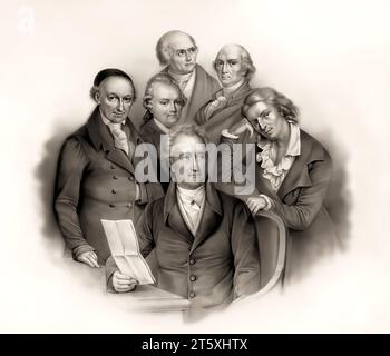 Porträts von sechs deutschen Dichtern: Johann Wolfgang von Goethe, Friedrich Schiller, Christoph Martin Wieland, Friedrich Gottlieb Klopstock, Gotthold Ephraim Lessing und Johann Gottfried Herder, digital bearbeitet Stockfoto