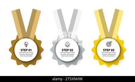 Infografik-Vorlage mit Symbolen und 3 Optionen oder Schritten. Medaille. Kann für Workflow-Layout, Diagramm, Banner und Webdesign verwendet werden. Vektorabbildung Stock Vektor