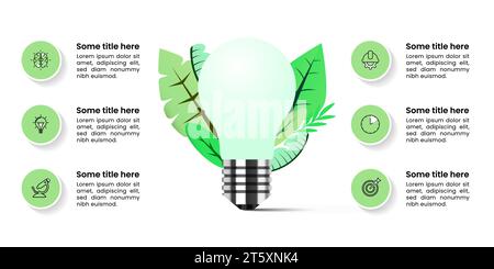 Infografik-Vorlage mit Symbolen und 6 Optionen oder Schritten. Grüne Glühlampe. Kann für Workflow-Layout, Diagramm, Banner und Webdesign verwendet werden. Vektorabbildung Stock Vektor