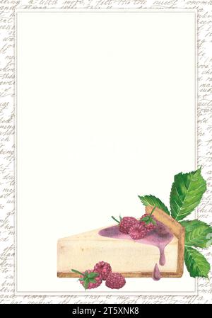 Aquarellrahmen mit Himbeer-Käsekuchen, Himbeeren und grünen Blättern auf dem Hintergrund eines Textes in kalligraphischer Handschrift. Handgezeichnet Stockfoto