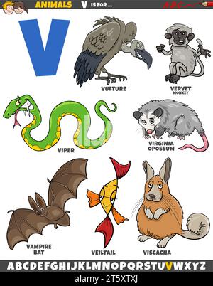 Zeichentrickillustration von Tierfiguren, die für den Buchstaben V gesetzt sind Stock Vektor
