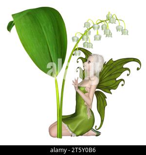 Lily of the Valley Fee kniet unter einer Blume Stockfoto