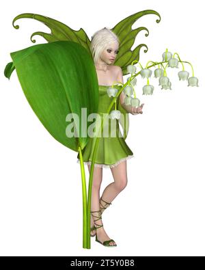 Lily of the Valley Fee steht mit einer Blume Stockfoto