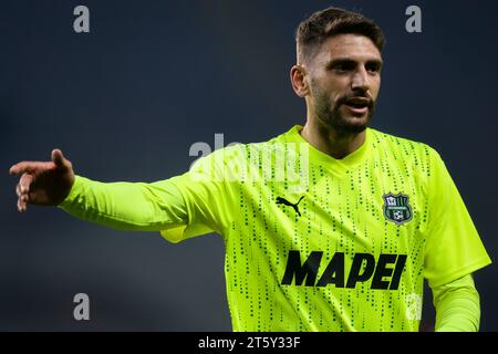 Domenico Berardi von US-Sassuolo gibt während des Fußballspiels der Serie A zwischen Torino FC und US-Sassuolo Gesten. Stockfoto