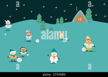 Zeichentrickfiguren über die ländliche Winterlandschaft Stock Vektor