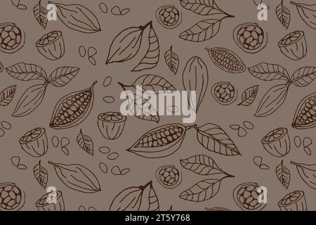 Kakaobohnen und -Blätter - nahtloses Muster Stock Vektor