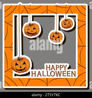 Illustration auf Themenaufkleber zum Feiern lustiger Feiertag Halloween mit orangen Kürbissen Stock Vektor