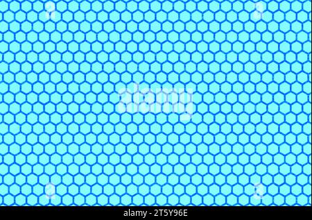 Bild mit hexagonalem hellblauem Hintergrund. Zellenrand mit abgerundeten Hohldrahtformen mit starkem blauem Innenraum auf Muster von Sechsecken mit blauem Muster Stockfoto