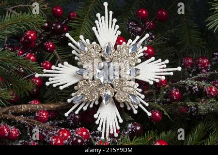 Ein Eisflockenstern, eine Weihnachtsbaumdekoration, umgeben von Tannenzweigen und einem schneebedeckten stechpalmenzweig mit roten Beeren. Stockfoto