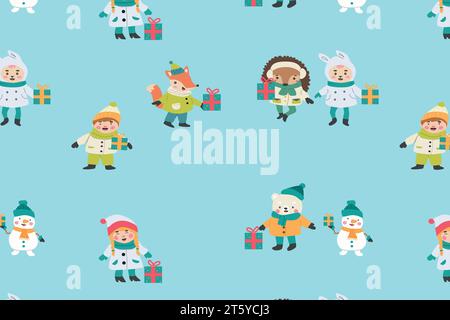 Nahtloses Muster mit Zeichentrickfiguren im Winter Stock Vektor