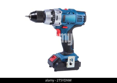 Akkuschrauber Nahaufnahme isoliert auf weißem Hintergrund Stockfoto