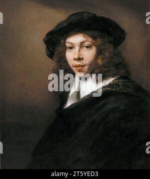 Rembrandt van Rijn, junger Mann in einem schwarzen Beret, Portraitgemälde in Öl auf Leinwand, 1666 Stockfoto