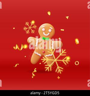 3D Holiday Lebkuchen man Cookie und Konfetti. Stock Vektor