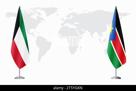 Kuwait und Südsudan Flaggen zum offiziellen Treffen vor dem Hintergrund der Weltkarte. Stock Vektor